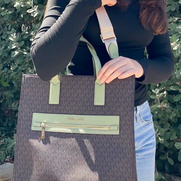 Michael Kors Large Tote Shoulder Bag Handbag Brown Green + Shoulder Strap - Picture 5 of 7
